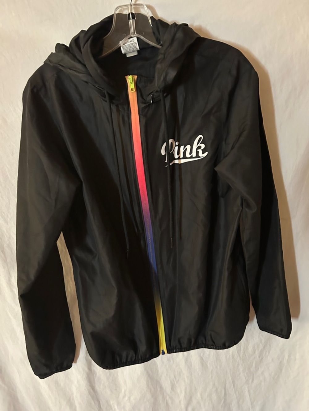 PINK Victoria's Secret Black Hooded Jacket with Rainbow Zipper
